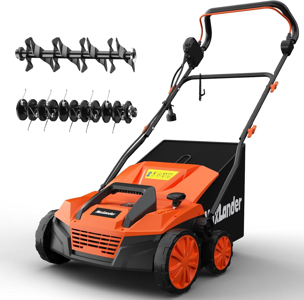MAXLANDER 15” 13 Amp Electric Dethatcher and Scarifier, 2-in-1 Lawn Dethatcher with 5-Position Depth Adjustment, 45L Removable Collection Bag, Airboost Technology Increases Lawn Health