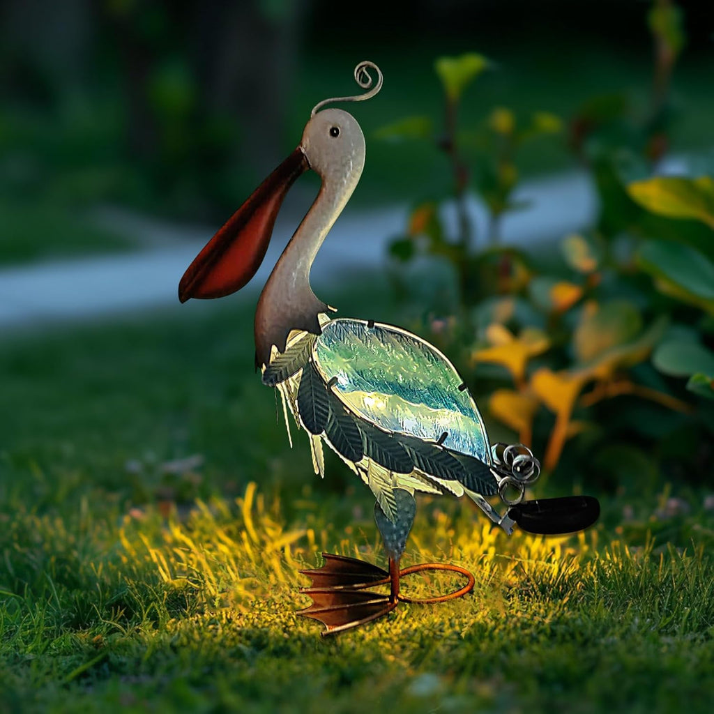 HONGLAND Solar Metal Pelican Statues Garden Sculpture & Statues, 19 Inch Glass Outdoor Pelican Yard Art Coastal Ocean Bird Decor Lawn Ornament for Backyard Porch Patio Decor（Blue）