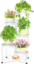 LASZOLA 5 Tiered Folding Plant Stand Indoor for Multiple Large Planter, Tall Heavy Duty Adjustable Rack with Rust Proof Plastic Shelving, Sturdy Vertical Tree Organizer for Narrow Inside Floor, White