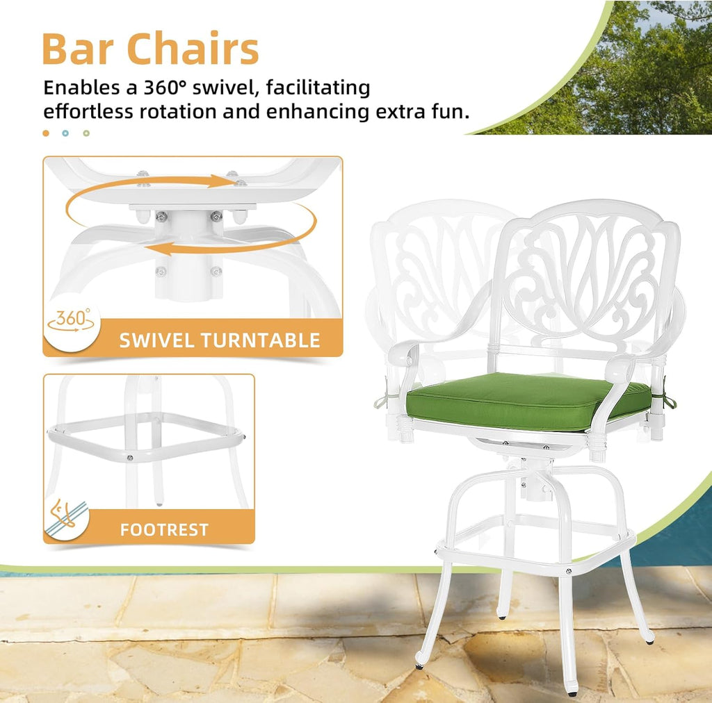 3 Pieces Patio Swivel Bar Set, Patio High Top Bar Table and Chairs Set, All-Weather Cast Aluminum High Swivel Bar Stools Chair Set of 2 and 31" Table, Patio Bistro Set for Garden,White