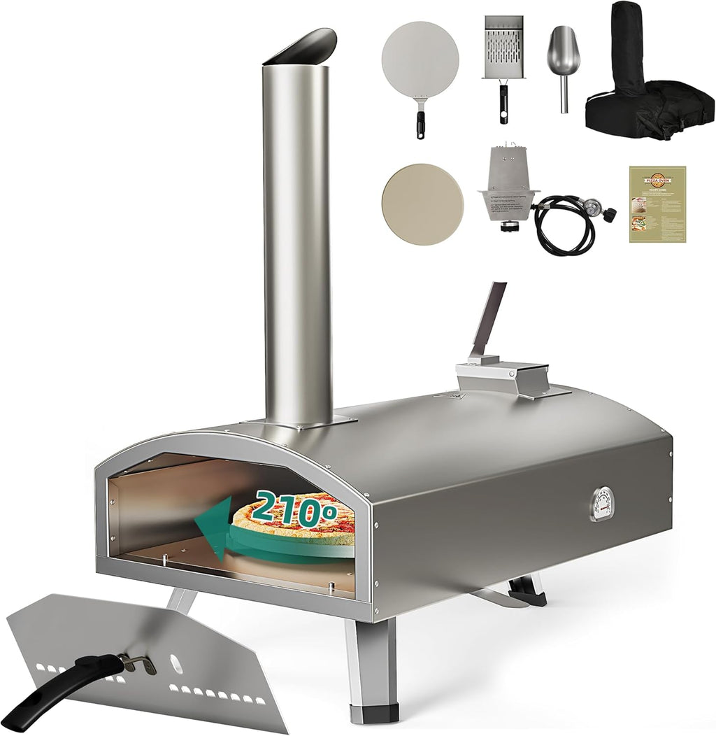YTIAHOME Multi-Fuel Outdoor Pizza Oven with Rotating, 12" Wood and Gas Fired Pizza Oven with Built-in Thermometer, Dual Fuel Pizza Maker with Peel, Stone, Carry Cover, Recipes for Backyard Camp