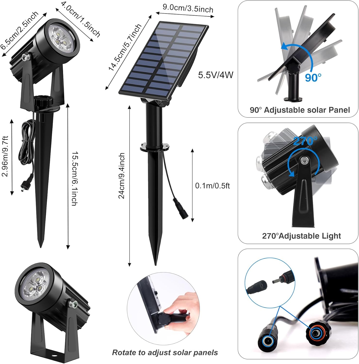 Solar Spot Lights Outdoor, Solar Landscape Spotlights IP65 Waterproof 9.8ft Cable,Auto On/Off Outdoor Wall Lights for Garden Yard Driveway Porch Walkway Pool (6000K White)
