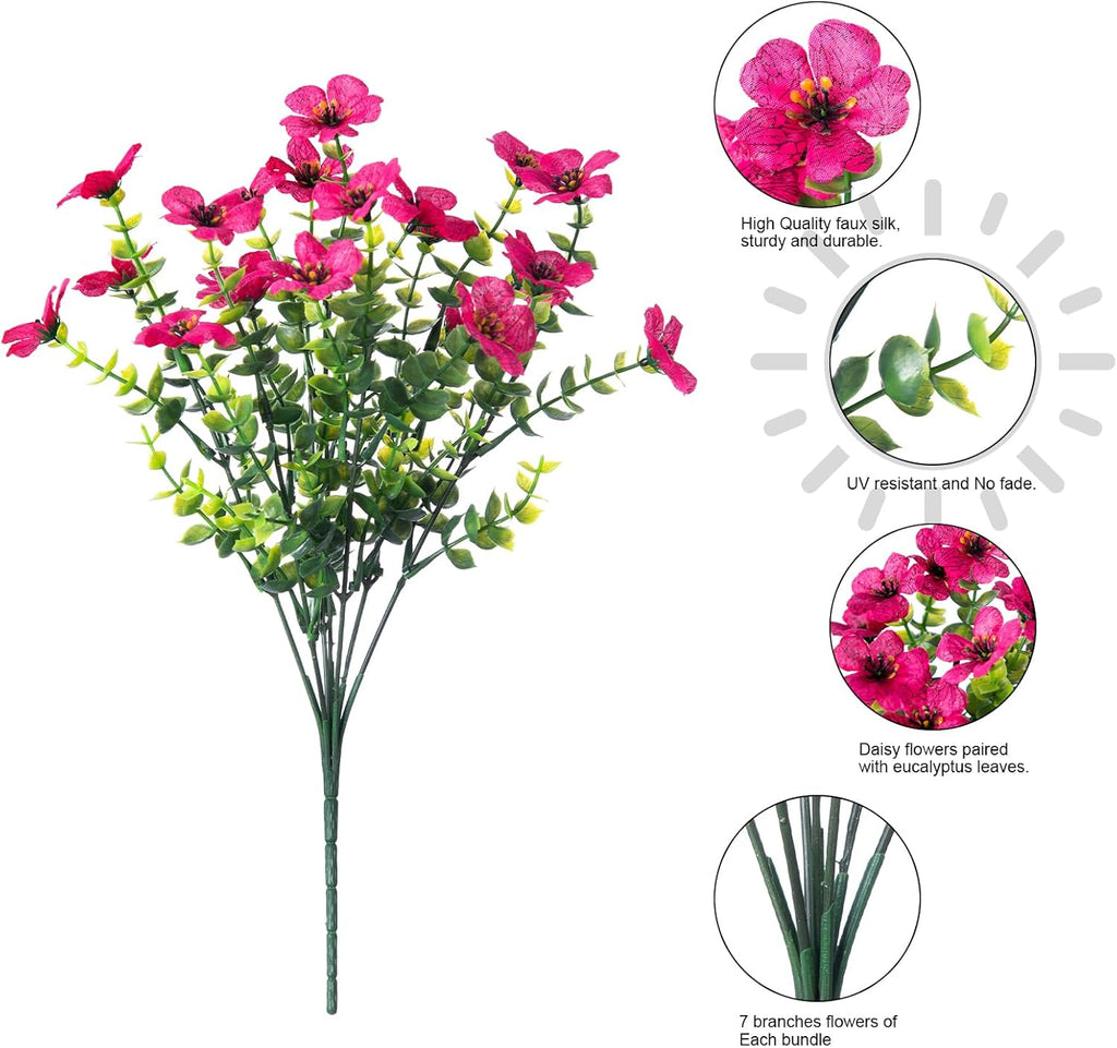 Artificial Flowers for Outdoor Indoor Garden Home Decoration, Faux Flower Daisy with Eucalyptus Leaves Fake Plants Greenery Boxwood Porch Patio, 12 Bundles (Rose Red)