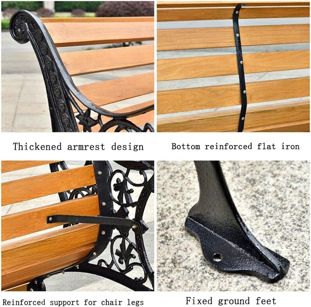 Outdoor Park Garden Bench with Cover, 2-3 Person Wood Patio Bench with Backrest+Armrests Weatherproof, Patio Porch Furniture Cast Iron Frame Bench for Lawn Porch Backyard(Teak+Antique Bronze)