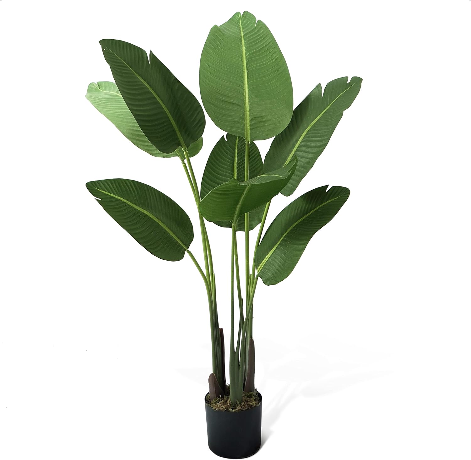 CAPHAUS 4 Feet Artificial Bird of Paradise, 48 Inch with 8 Trunks, Premium UV Resistant Lifelike Fake Plant in Pot with Dried Moss for Office, Indoor/Outdoor Use & Tropical Home Décor