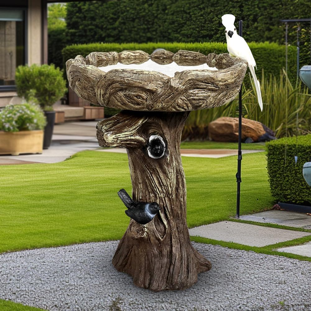 23" H Concrete Birdbath for Outdoor Garden with a Fake Bird Decor - Freestanding Trunk Like Bird Bath for Outside Garden Patio or Yard Decor