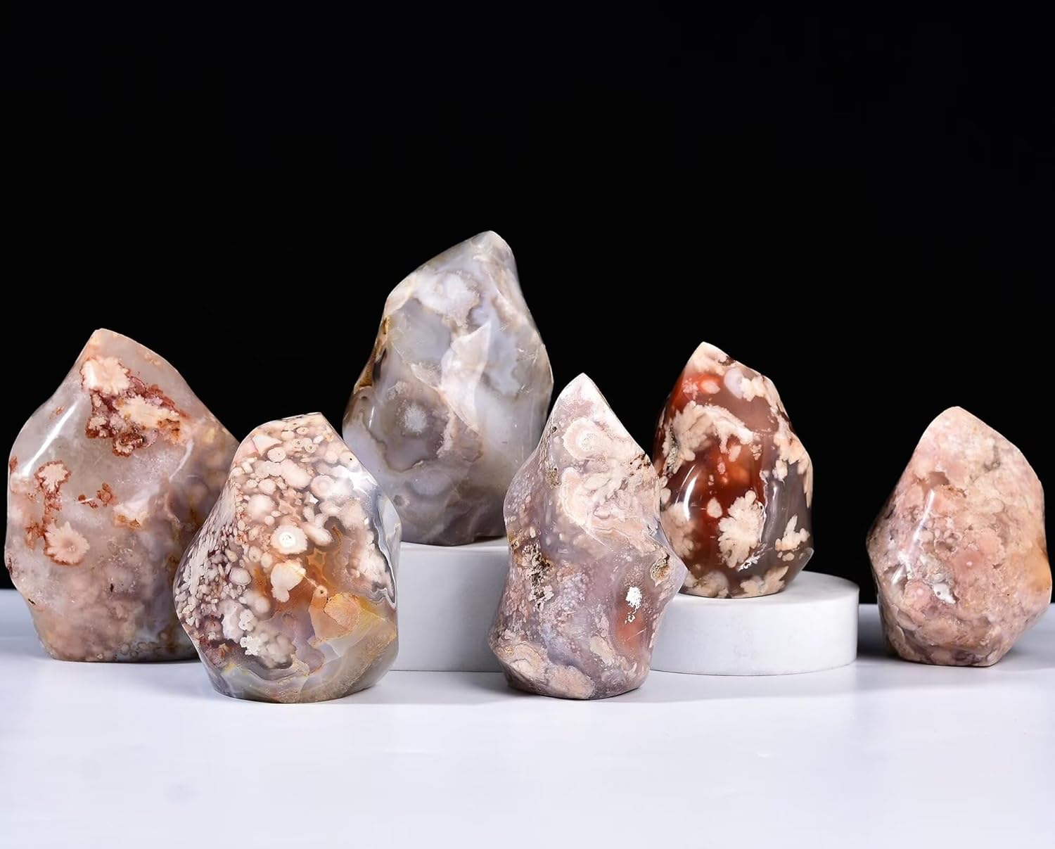 AMOYSTONE Cherry Blossom Agate Flame Shaped Stone Towers Obelisk Flower Agate Natural Healing Crystal Quartz Reiki Energy Decoration Home Office 1.5-2.2LBS