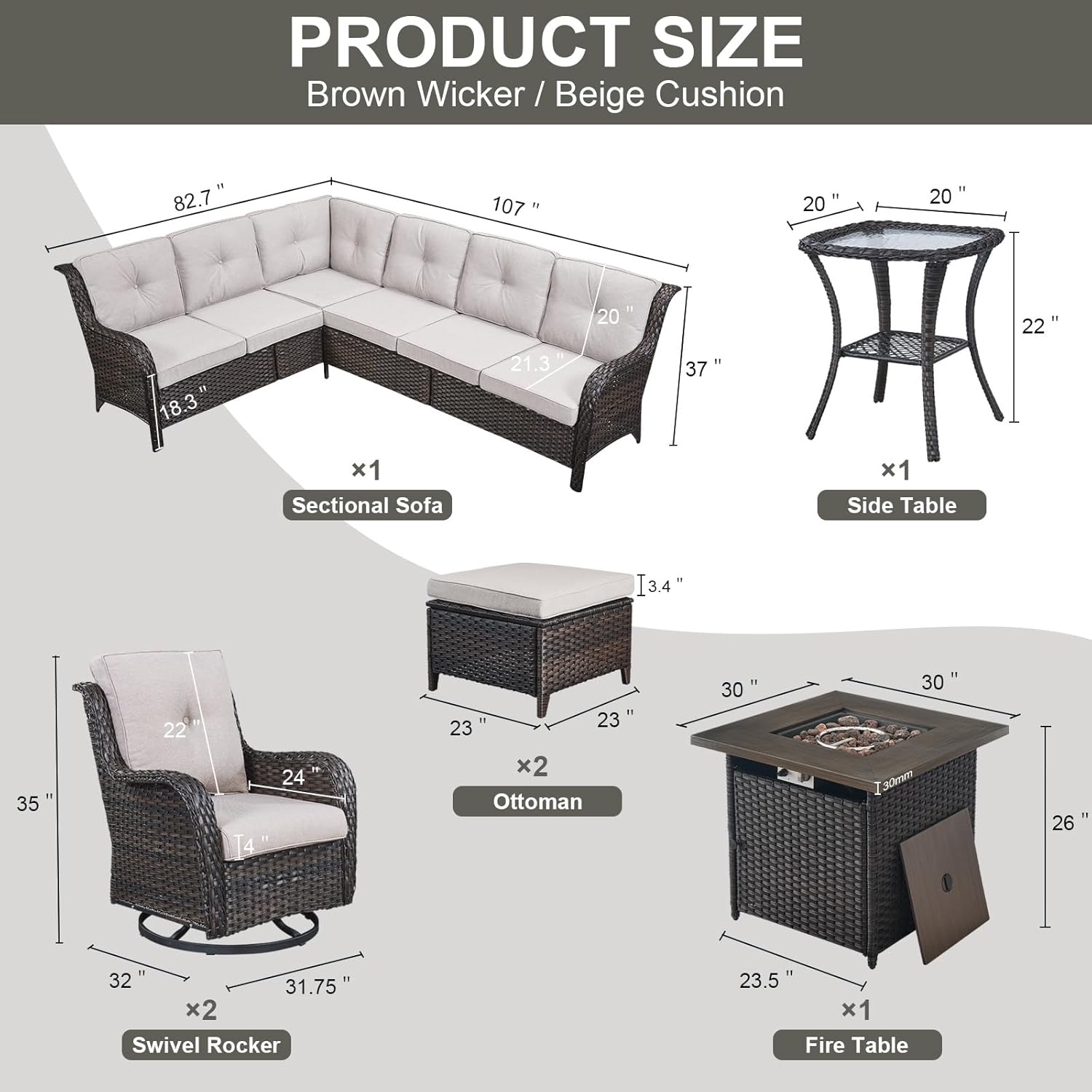 Outdoor Sectional Furniture Sofa Set with Propane Fire Pit Table, Wicker Patio Conversation Set with 2 Swivel Rocker Glider Chairs Beige Cushion Perfect for Backyard Casual Gathering