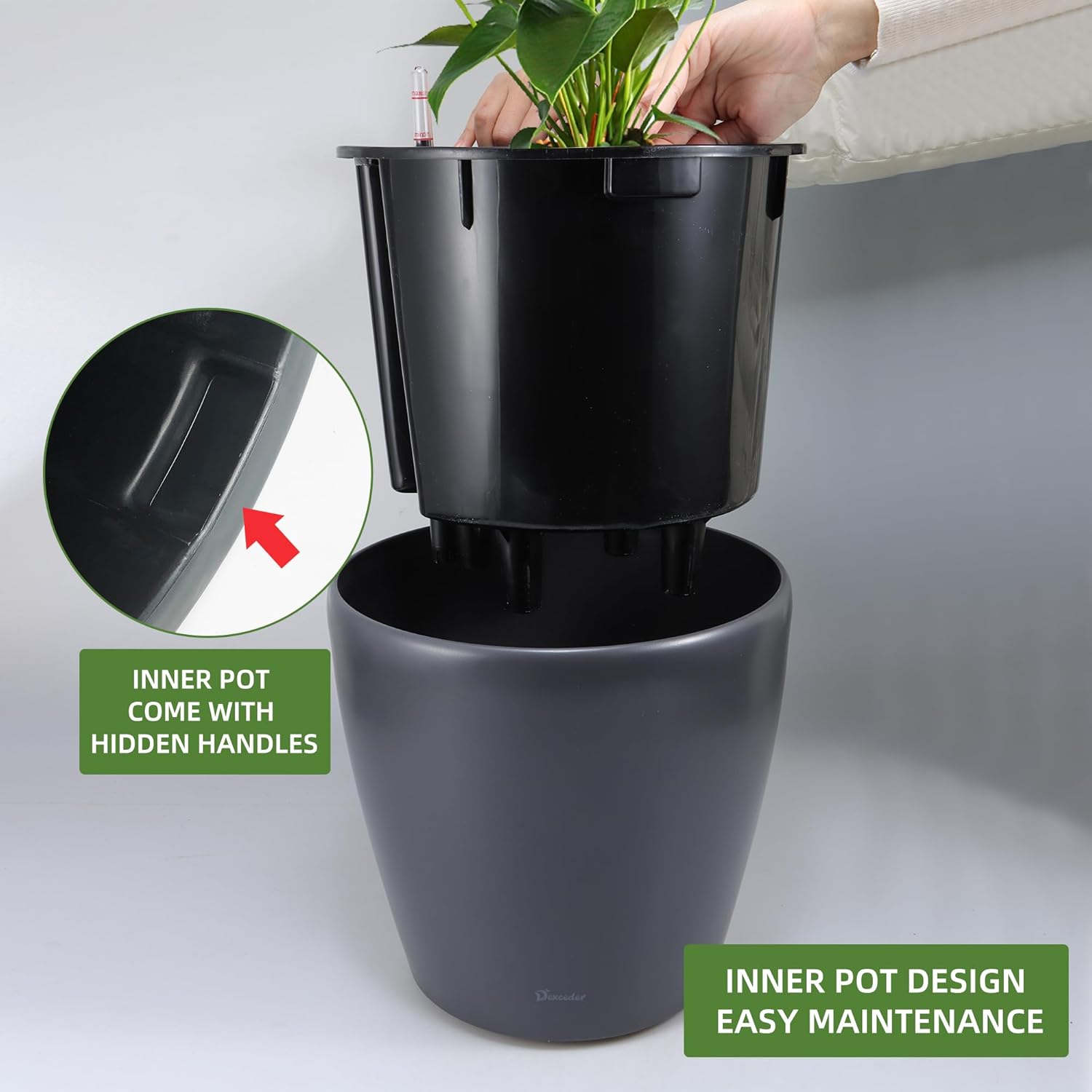 Dexceder 13x12 Self Watering Planter with Wheels Indoor Outdoor, Inner Pot Design, Thickened Large Floor Standing Flower Plant Pot with Water Level Indicator (Slate Gray Matte)