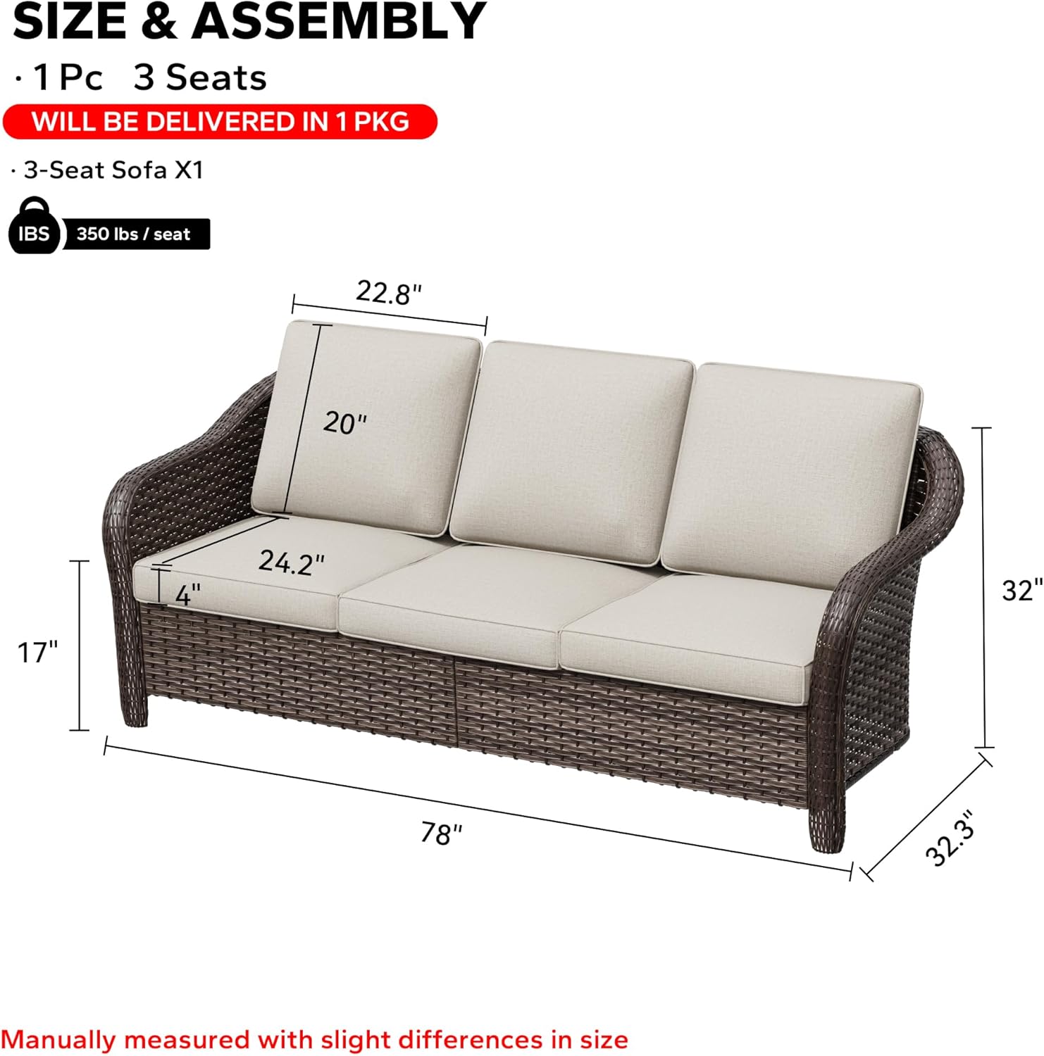 78" Wicker 3-seat Sofa, Outdoor Conversation Furniture, All-Weather Rattan Couch, Steel Frame Couch with Cushions for Garden, Poolside, Porch (Beige)