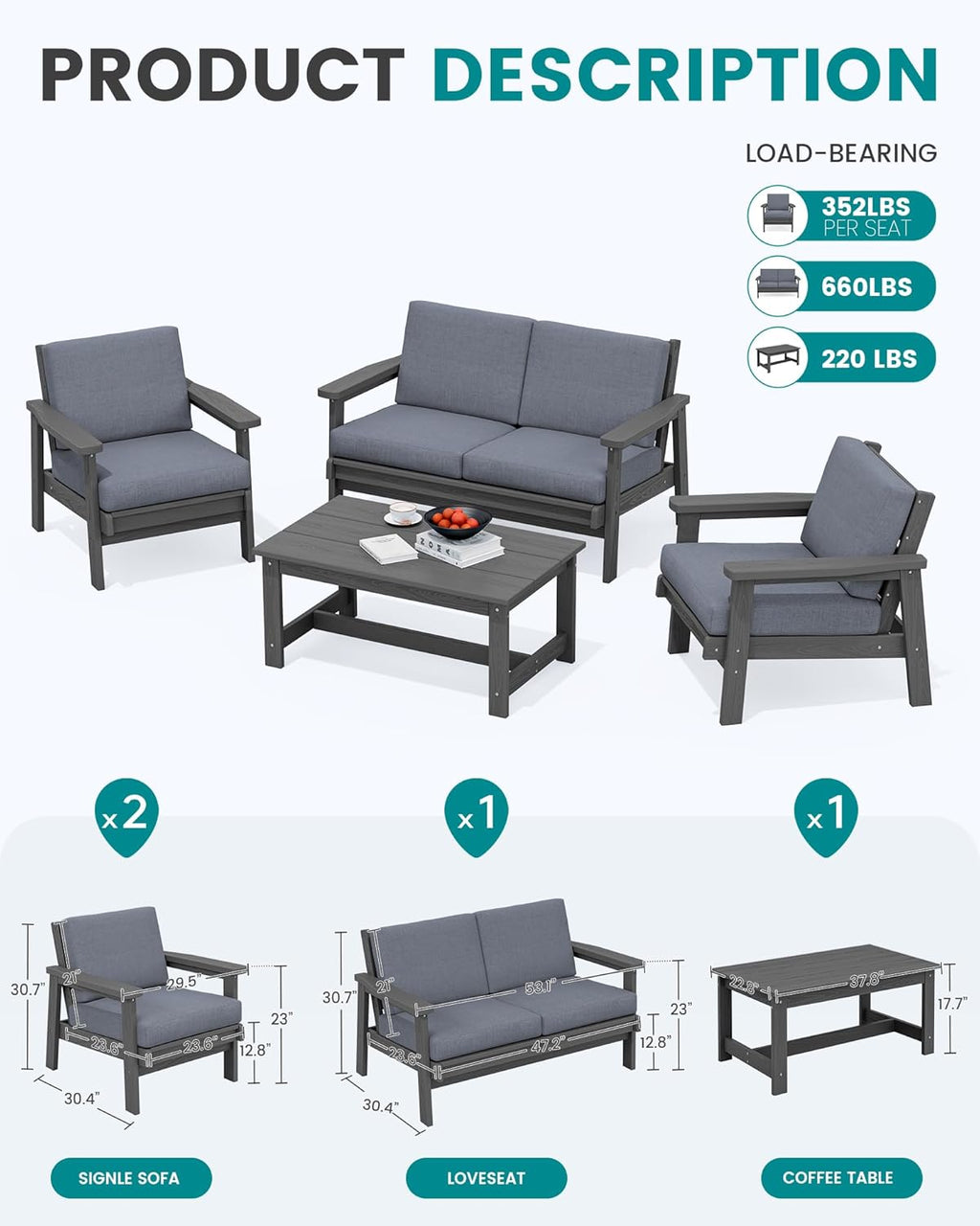 SERWALL HDPE Patio Furniture Set with 15FT Double Side Patio Umbrella, All Weather Wood-Like Outdoor Sofa Sectional Couch, Grey Patio Furniture with Grey Cushions