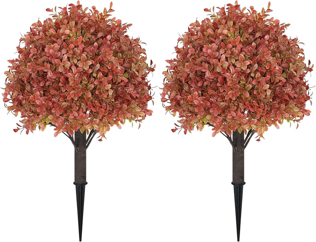 24" Tall Artificial Boxwood Ball Fall Topiary Trees Set of 2, UV Resistant Large Faux Plants Outdoor, 2ft Fake Bushes and Shrubs Look Real with Stake for Front Porch Outside Planter Backyard Decor
