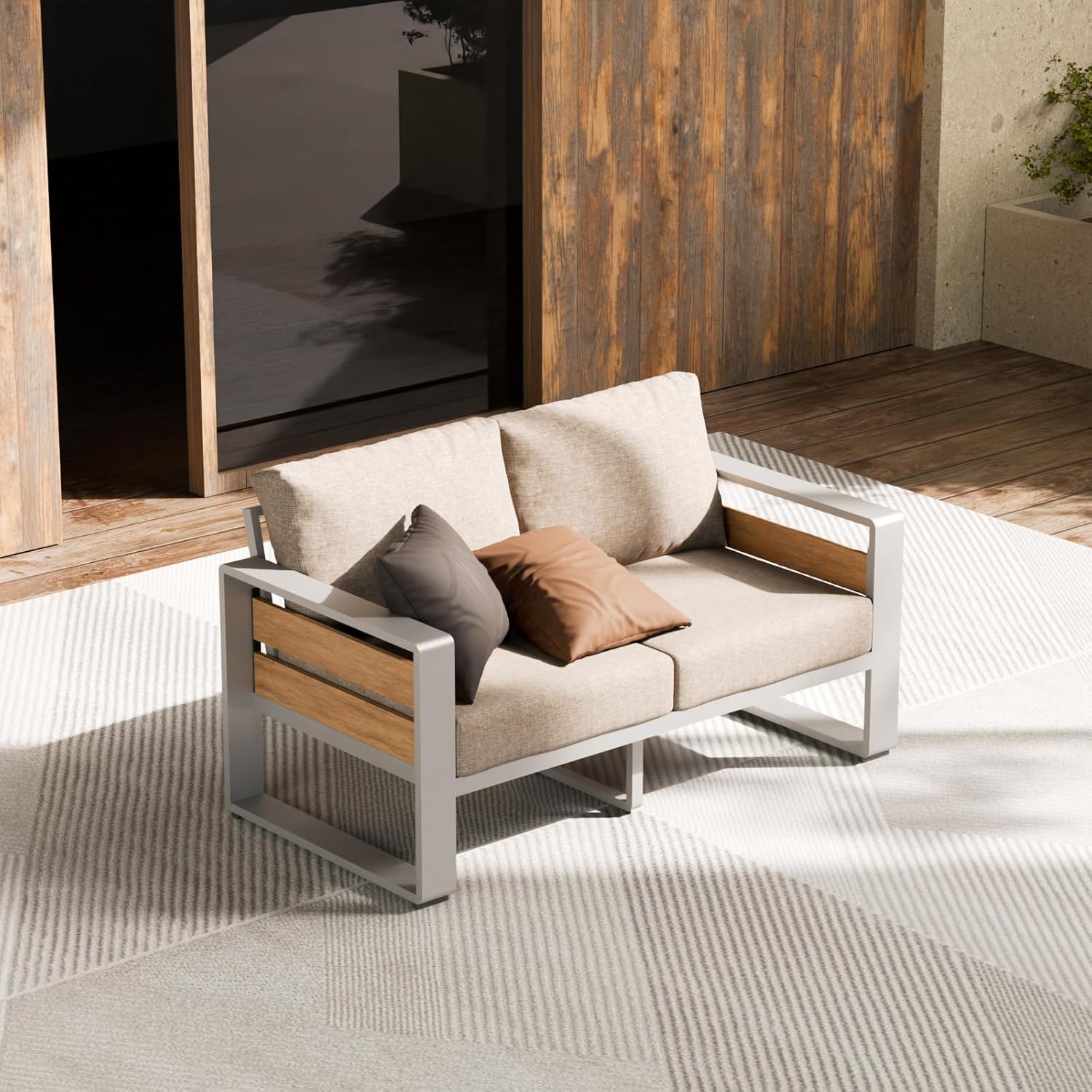 ZANDOR Outside Aluminum Lawn Furniture - 1 Pcs Loveseat, All-Weather Metal Modern Outdoor Loveseat Sofa with Washable Thick Cushion for Garden/Backyard/Porch, Silver