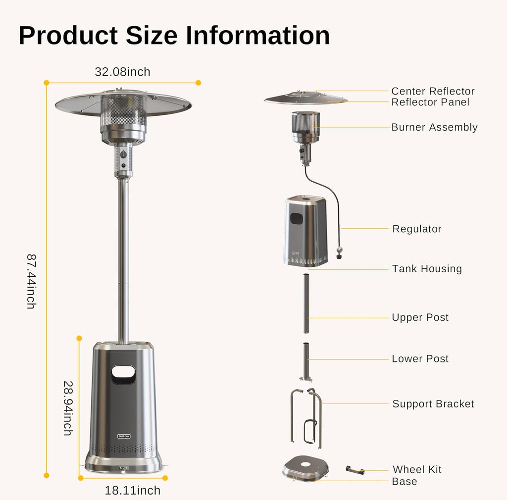 EAST OAK Anti-rust 50,000 BTU Patio Heater for Outdoor Use With Double-Layer Stainless Steel Burner, Table Design and Wheels, Propane Patio Heater for Home and Commercial, Stainless Steel