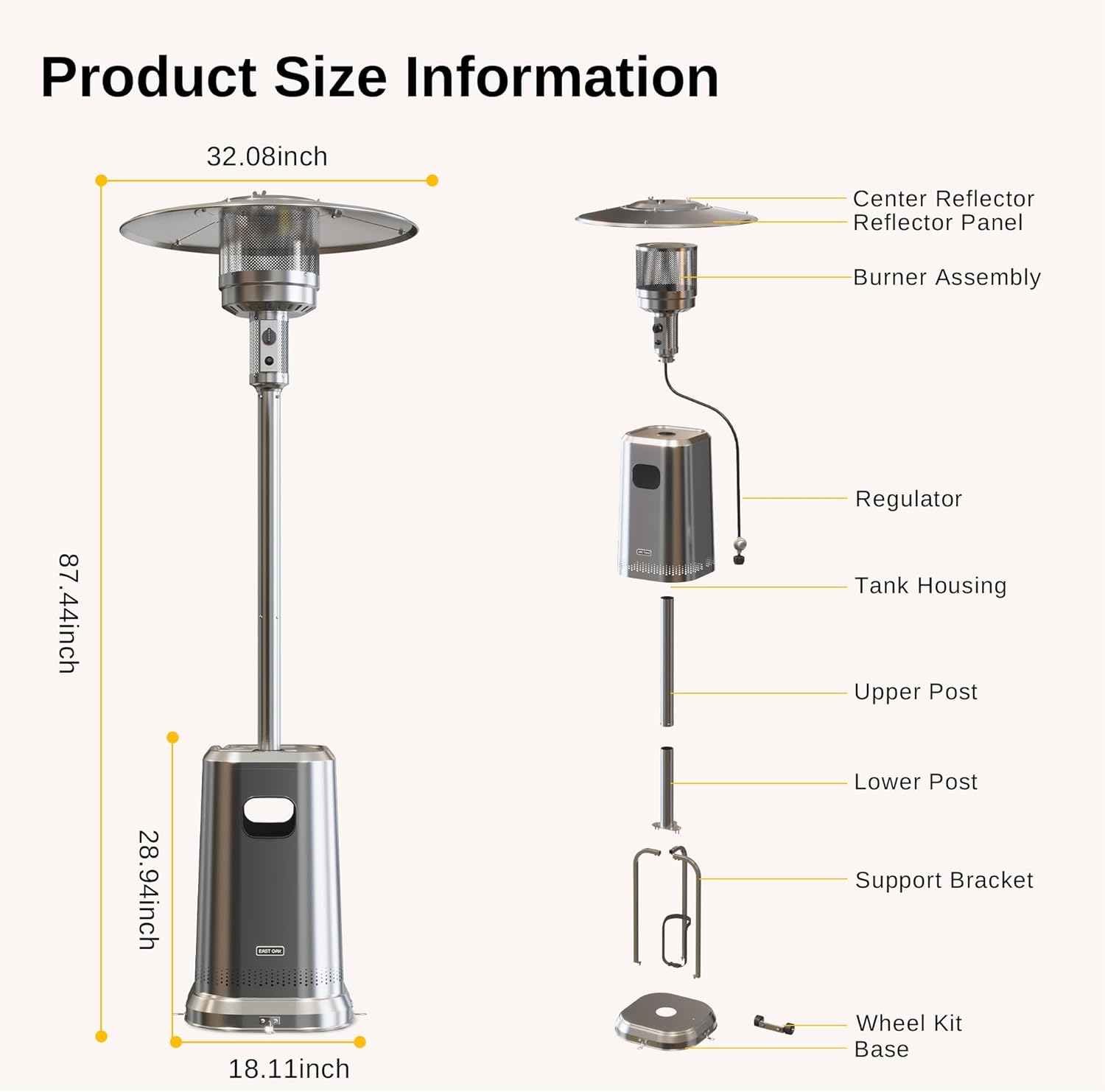 EAST OAK Anti-rust 50,000 BTU Patio Heater for Outdoor Use With Double-Layer Stainless Steel Burner, Table Design and Wheels, Propane Patio Heater for Home and Commercial, Stainless Steel