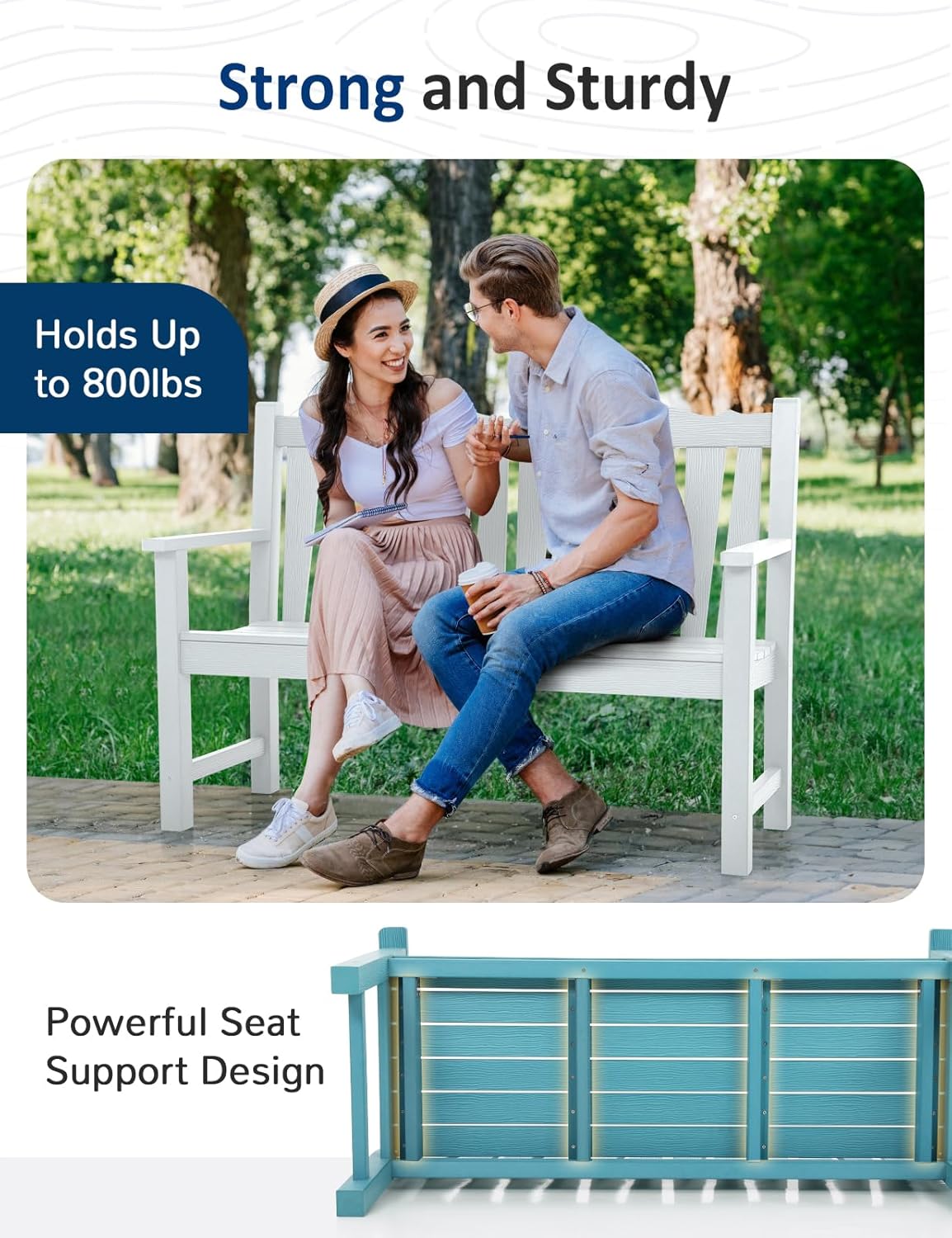 Outdoor Bench Weatherproof, 2-Person Garden Benches for Outdoors, All Weather HIPS Patio Bench Holds up to 800lbs, Never Rot or Fade, Comfort Bench for Porch, Garden, Patio, Backyard and Park, White