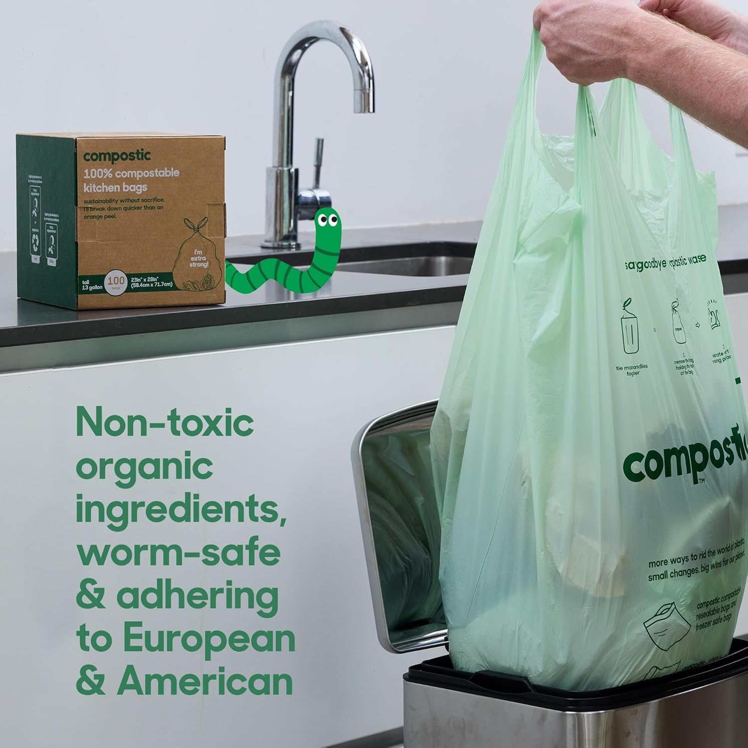 Home Compostable Trash Bags, 13 Gallon Tall Kitchen Rubbish Bags (23” x 29”), Extra Strong & Quickly Breaks Down, 50 Count