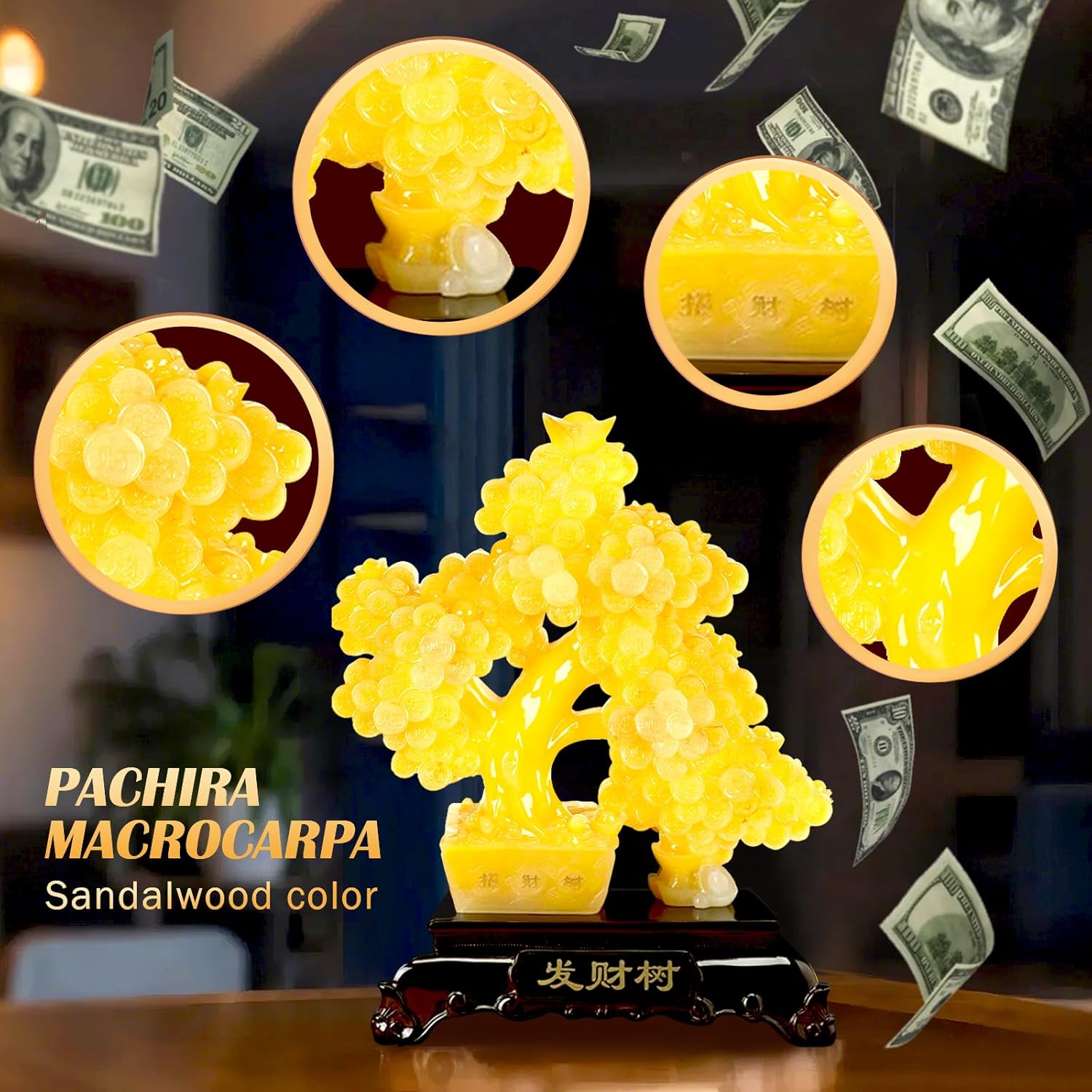 FENGSHUI-CAISHEN Top Resin Money Tree, Artificial Bonsai Tree, Handcrafted, Premium Quality, Feng Shui Gift for Abundance Luck and Success (Yellow)