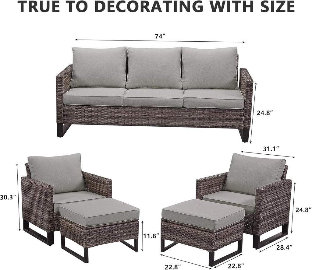 HUMMUH 5 Piece Patio Furniture Set All Weather Wicker Outdoor Sectional Sofa,High Back Patio Chairs and Ottomans for Porch,Garden,Backyard