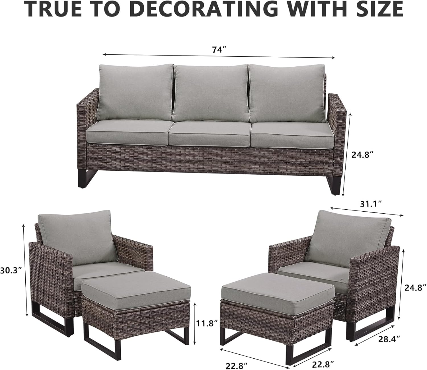 HUMMUH 5 Piece Patio Furniture Set All Weather Wicker Outdoor Sectional Sofa,High Back Patio Chairs and Ottomans for Porch,Garden,Backyard