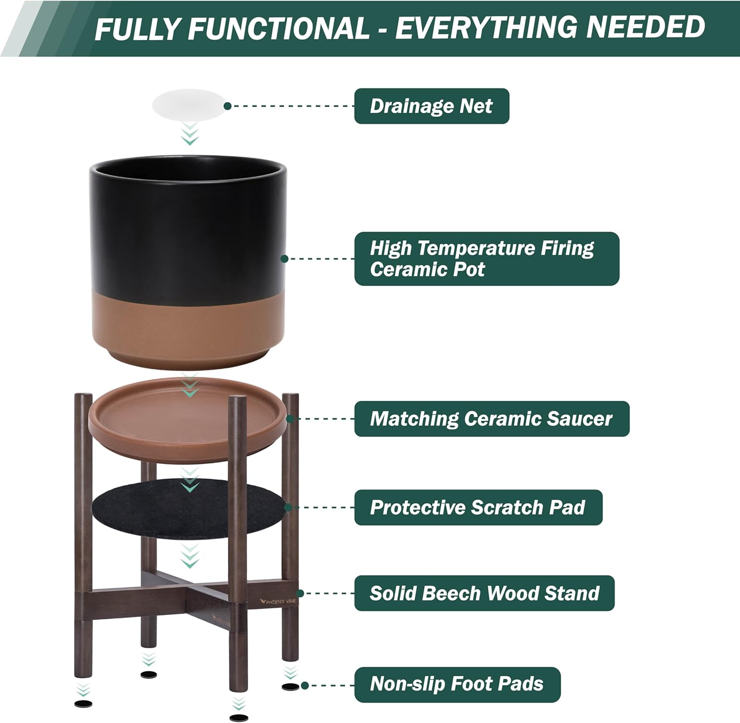 D'vine Dev Ceramic Planter with Walnut Color Stand - 8 Inch Modern Round Flower Pot with Wood Planter Holder, Black/Speckled Tan, 55-B-Y-7