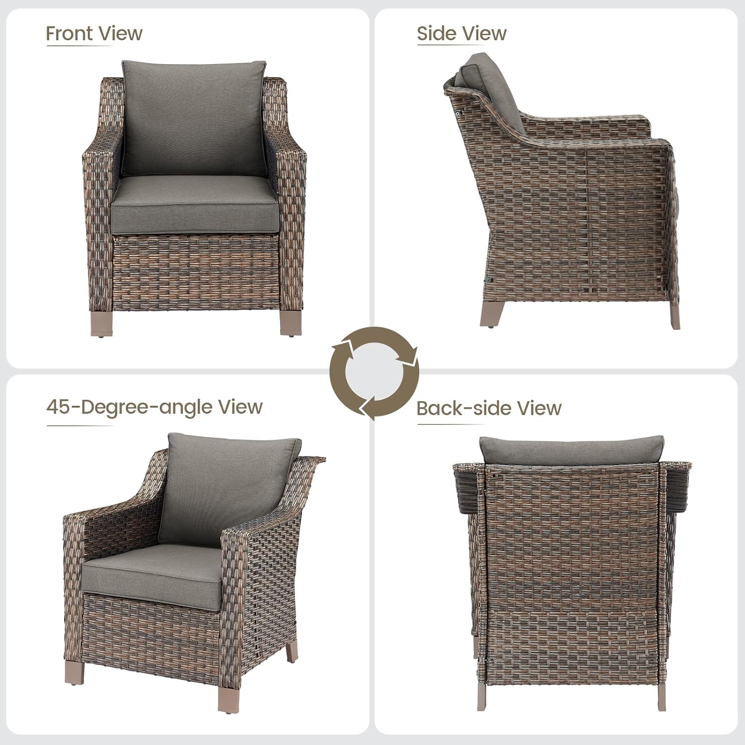 Outdoor Wicker Patio Chairs Set of 4 - Heavy Duty Outside Rattan Lawn Chair for Front Porch Balcony Backyard Yard Deck Poolside Apartment – Brown/Grey
