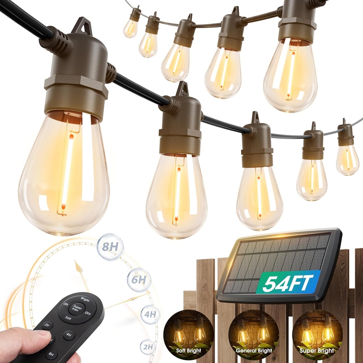 KYY 54FT Solar String Lights Outdoor Waterproof with USB Charging & Remote, Dimmable & Timable, Solar Powered Patio Lights with LED Shatterproof Bulbs for Deck Backyard Porch Garden Camping