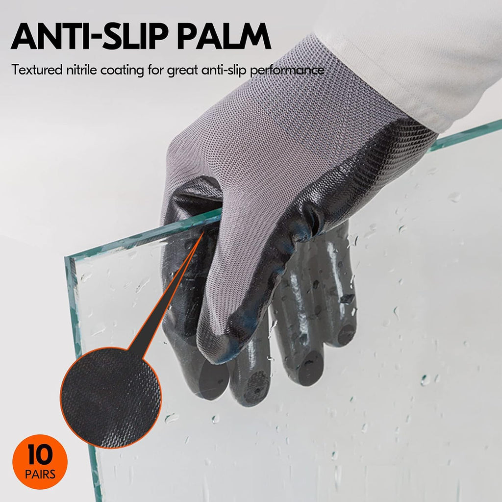 Vgo... 10-Pairs Safety Work Gloves, Gardening Gloves, Non-slip Nitrile coating, Dipping Gloves (Size M, Gray, NT2110)