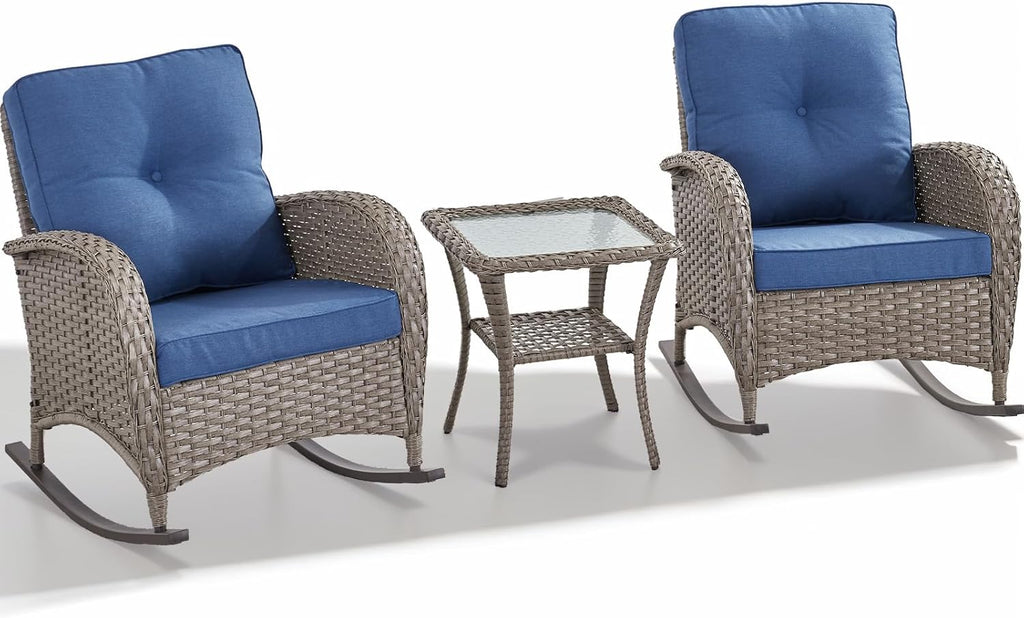 HUMMUH Outdoor Bistro Set-High Back Outdoor Rocking Chair with Side Table Patio Table and Chairs Set for Deck Lawn Porch Balcony Poolside-Grey/Blue