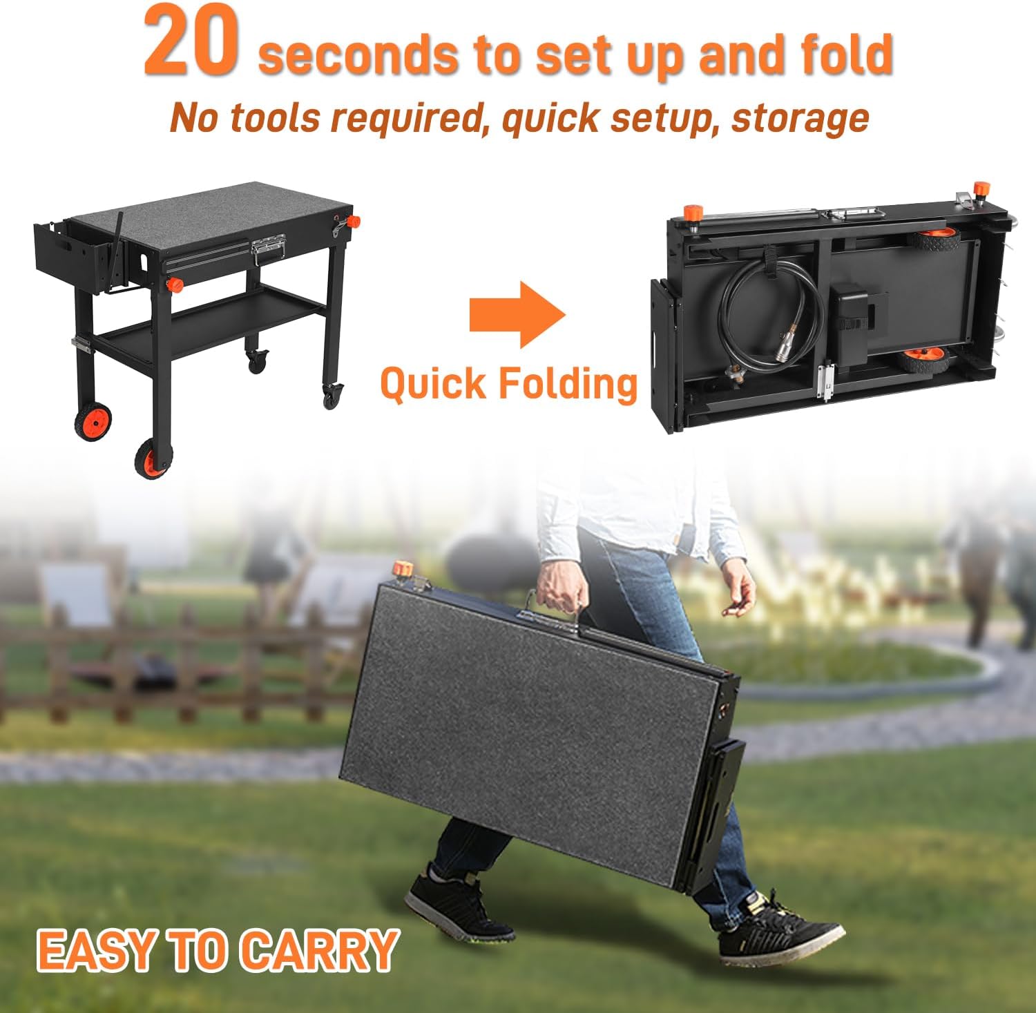 Outdoor Portable Grill Table Stand - Folding Prep Stand for 17" or 22" Blackstone Griddle, Large Space Blackstone Table with Wheels, Pizza Oven Cart for Ninja, Patio Grilling Backyard BBQ Grill Cart.