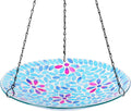 VCUTEKA Hanging Bird Bath, Glass Mosaic Bird Baths for Outdoors Birdfeeder with 21 inch Rust-Proof Chain for Garden Yard Decor, Flower