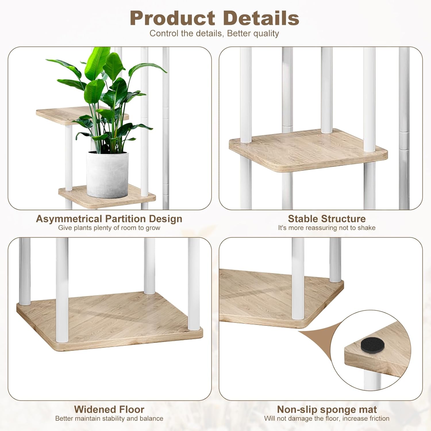5 Tier Wood Tall Plant Stand Metal Rack Indoor, Multiple Flower Pot Holder Shelves Corner Rack, Planter Shelf Display Rack Storage Organizer for Patio Living Room Balcony Garden(White Oak)