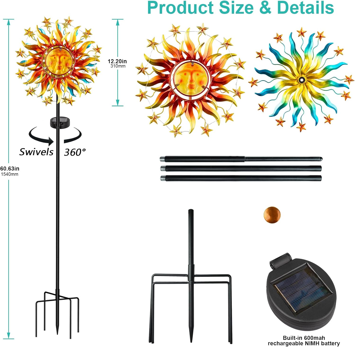 Solar Wind Spinner Metal Sun Decor, Wind Sculptures & Spinners 60.3 in Garden Kinetic Art with Solar Powered Vine String Shining LED Lights for Outdoor Garden Lawn Yard