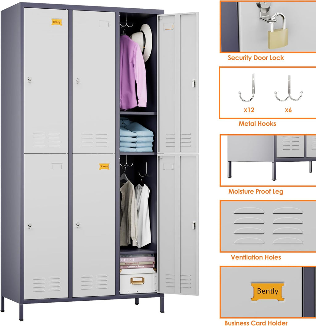 6 Doors Metal Lockers for Employees with 6 Shelves and 18 Hooks, Storage Locker with Business Card Holder for Office Gym School Bedroom, Assembly Required, White and Gray