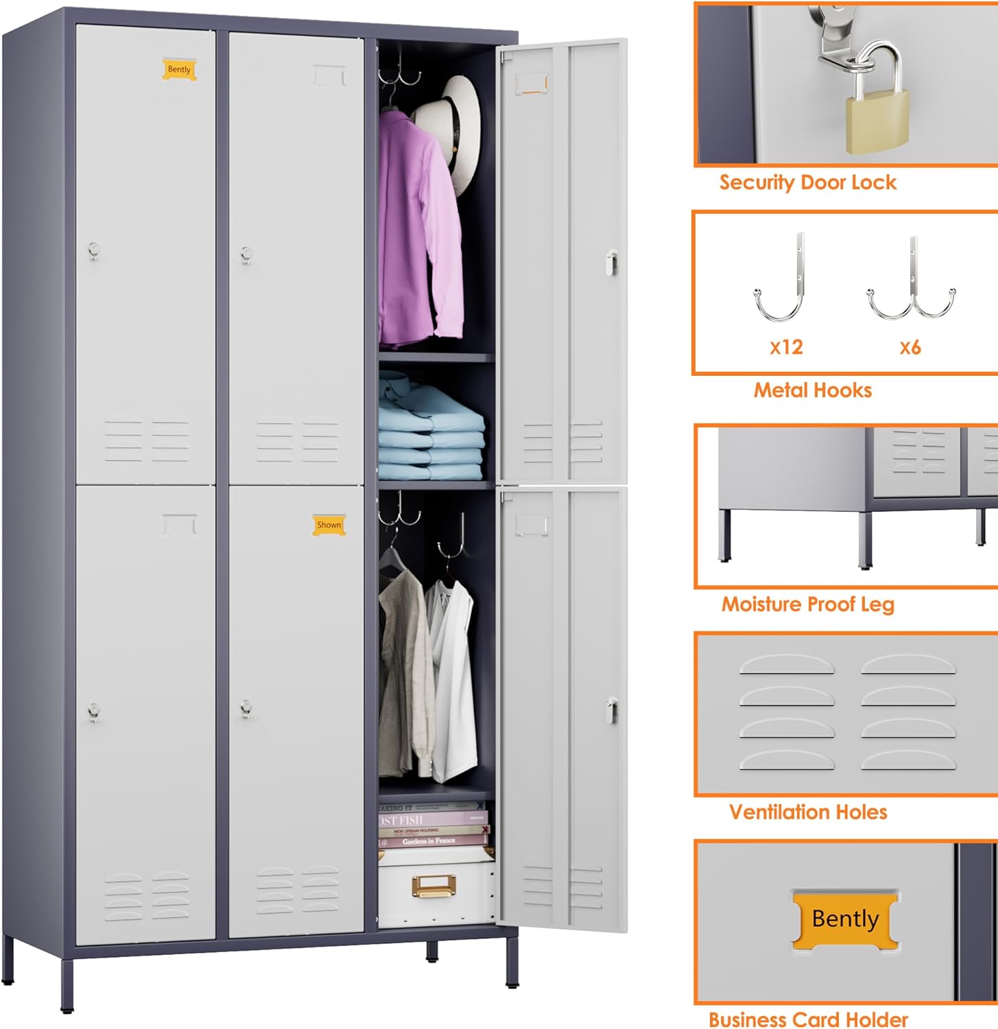 6 Doors Metal Lockers for Employees with 6 Shelves and 18 Hooks, Storage Locker with Business Card Holder for Office Gym School Bedroom, Assembly Required, White and Gray