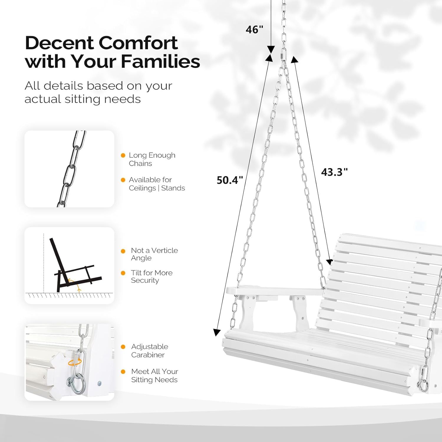 VINGLI XL Size Patio Wooden Porch Swing Outdoor with Cup Holders, Heavy Duty 880 LBS Hanging Swing Chair Bench with Hanging Chains for Yard, Lawn, Garden (4 FT Pro, White)