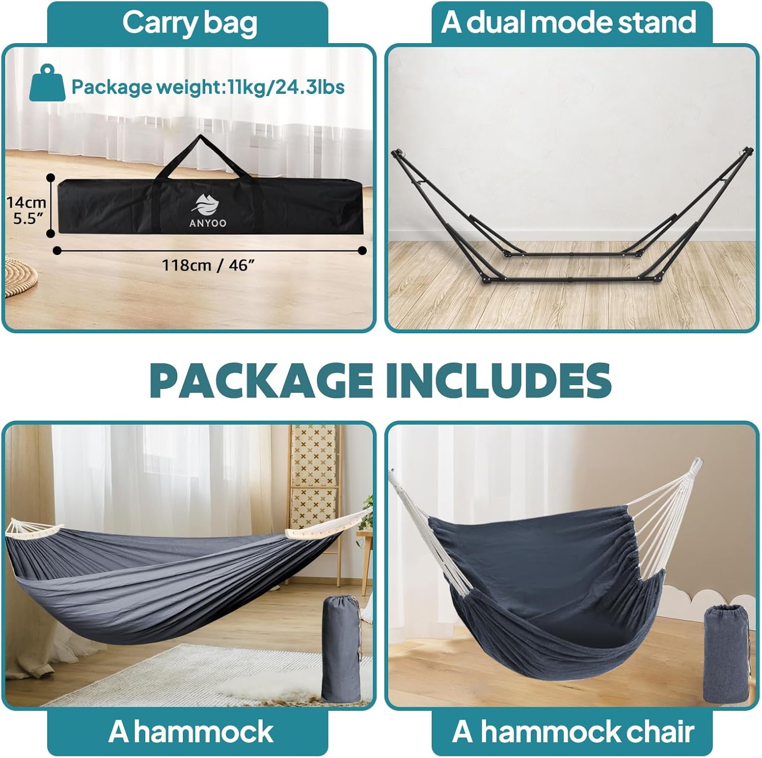 Anyoo 2 in 1 Hammock and Swinging Chair with Collapsible Steel Stand & Carrying Case,Portable & Adjustable,Easy Set Up for Outdoor,Indoor,Porch Swing,Patio,Garden,Camping Trip