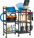 NADAMOO Garden Tool Organizer with Rolling Wheel, 3-tier Metal Shelf Yard Tool Holder, Utility Stand Rack for Garage Organization and Storage, Hold Long-Handled Rakes, Shovel, Broom