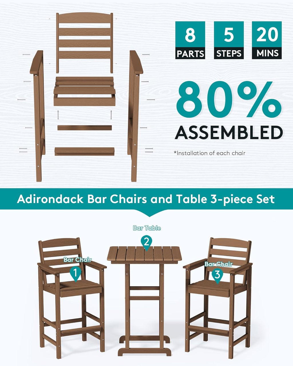SERWALL Balcony Adirondack Chairs and Table 3 Pieces Set, Adirondack Bar Height Chairs Set of 2 and Bar Table, Outdoor Bar Stools Set for Bistro, Poolside, Backyard, Brown
