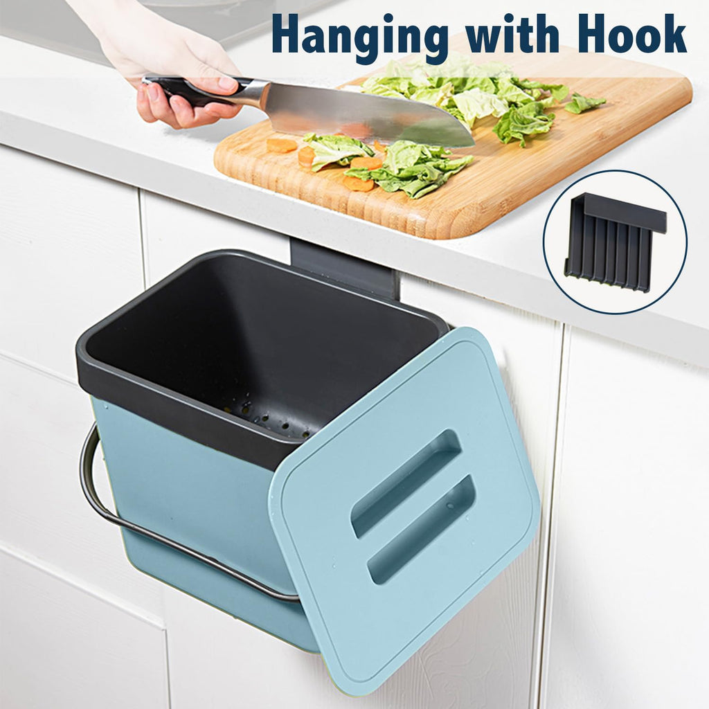 Compost Bin Kitchen, LALASTAR 7L Wall-Mounted Under Sink Small Garbage Can for Kitchen, Odor-Free Food Waste Basket Bin, 1.8 Gallons, Blue