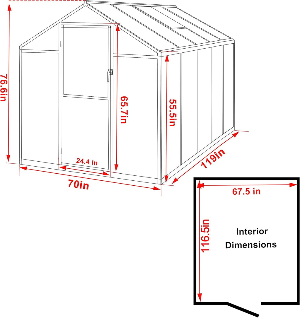 6' x10' Double-Wall Polycarbonate Aluminum Greenhouse Kit for Outdoor, Walk-in Greenhouse with Lockable Door and Adjustable Roof Vent, Backyard Garden in Winter, White