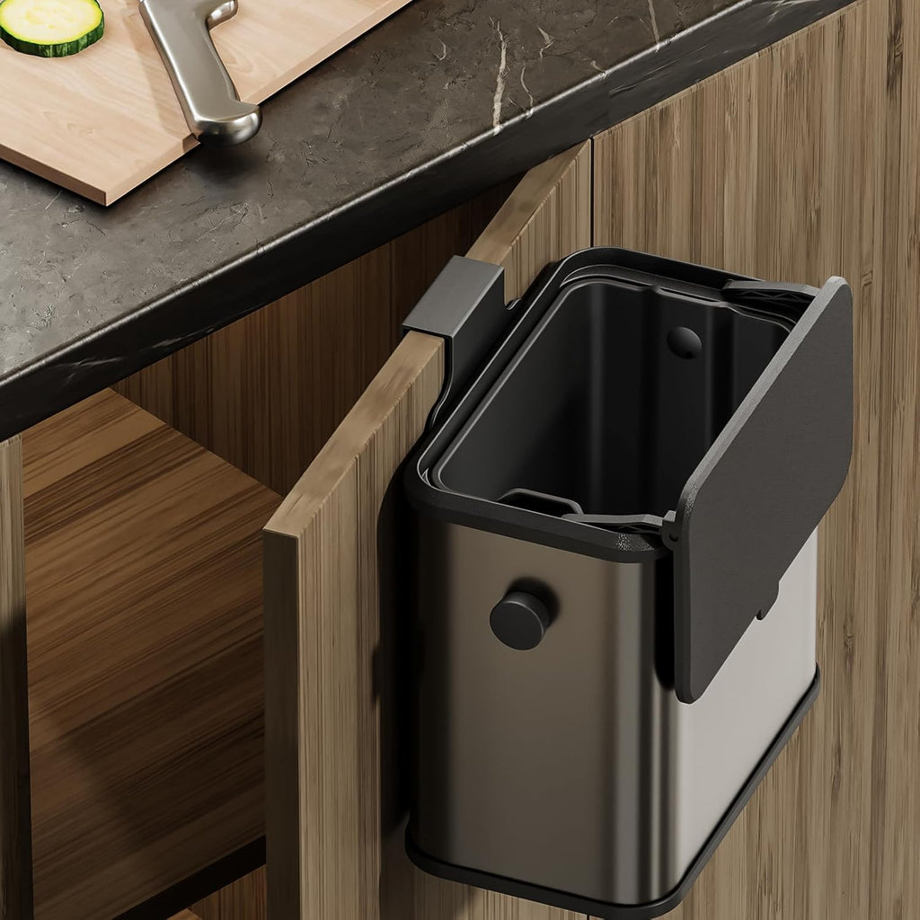MRBIN Stainless Steel Compost Bin Countertop with Lid, Hanging Trash Can for Kitchen Cabinet Door, Wall Mounted Indoor Recycle Basket Food Waste Scrap Dustbin for Kitchen Under Sink with Inner Bucket