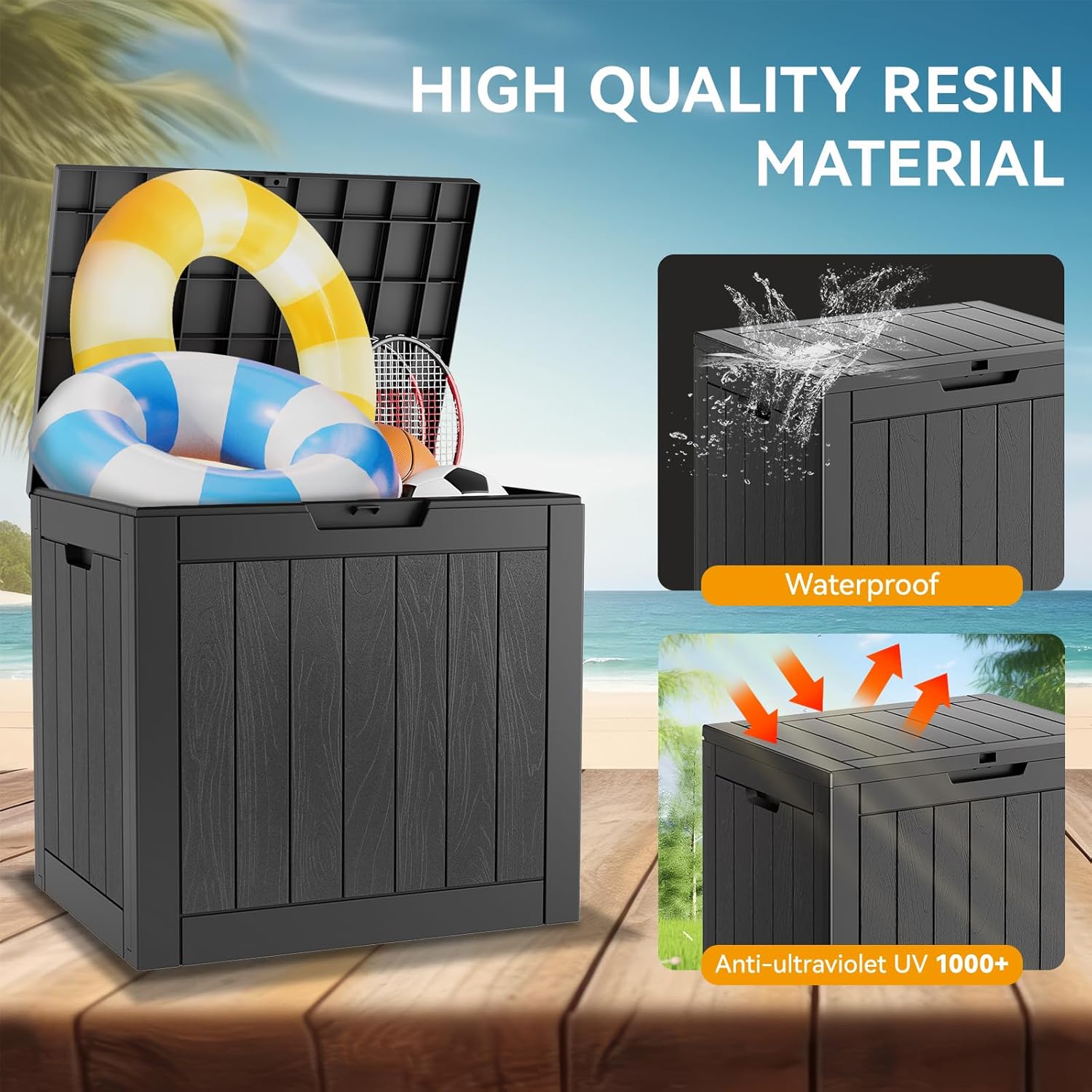 KAMABOKO Deck Box, 32 Gallon Resin Indoor and Outdoor Storage Boxes Waterproof for Garden Tools, Pool Accessories Storage Bench, Patio Furniture and Cushions with Lockable Lid, Black