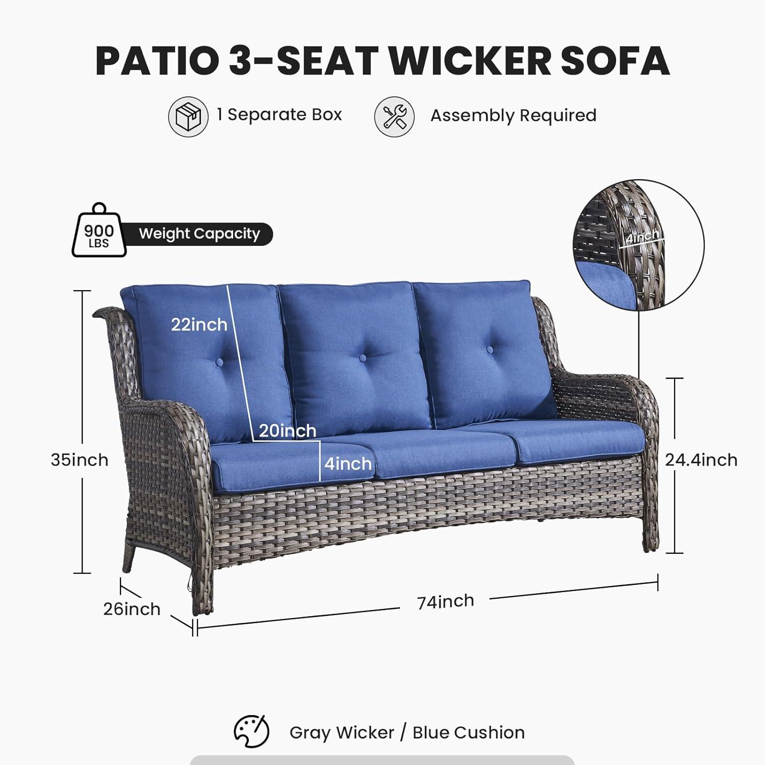 Outdoor Furniture 3-Seater Rattan Sofa Patio Wicker Sofa Couch Furniture Set with Washable Cushions