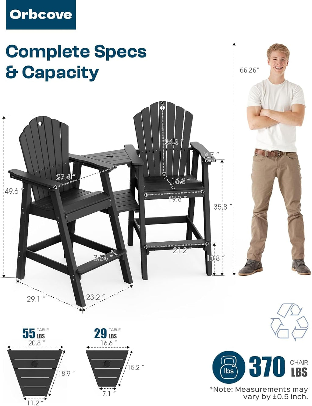 Tall Adirondack Chairs Set of 2 with Double Layer Connecting Table, HDPE Bar Height Outdoor Table and Chairs with Umbrella Hole, All Weather Outdoor Bar Stools for Patio, Deck,Backyard(Black)