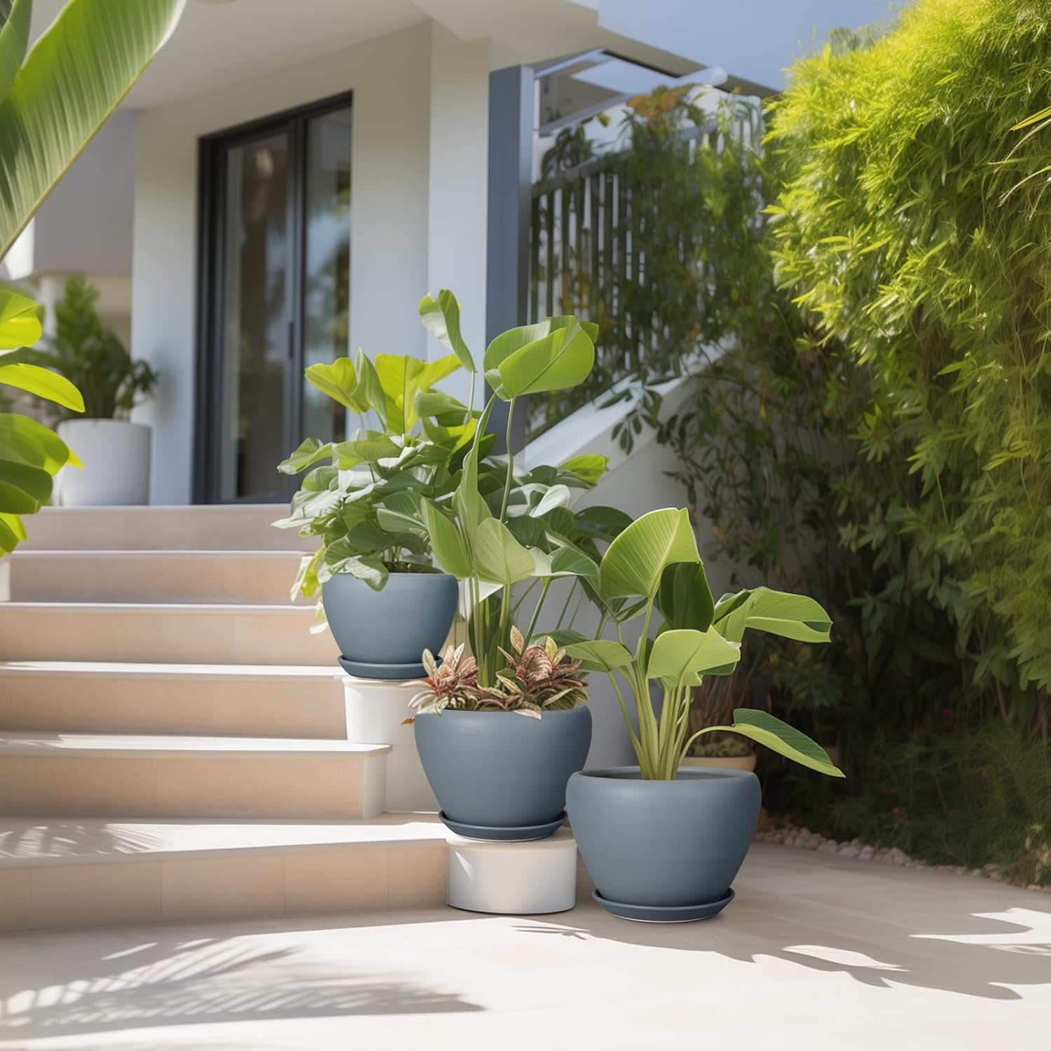Ceramic Plant Pots - Large Planters for Indoor Plants 10 Inch 8 Inch 6 Inch Plant Pots with Drainage Holes and Saucer Fluted Round Flower Pots Outdoor Set of 3 Gray