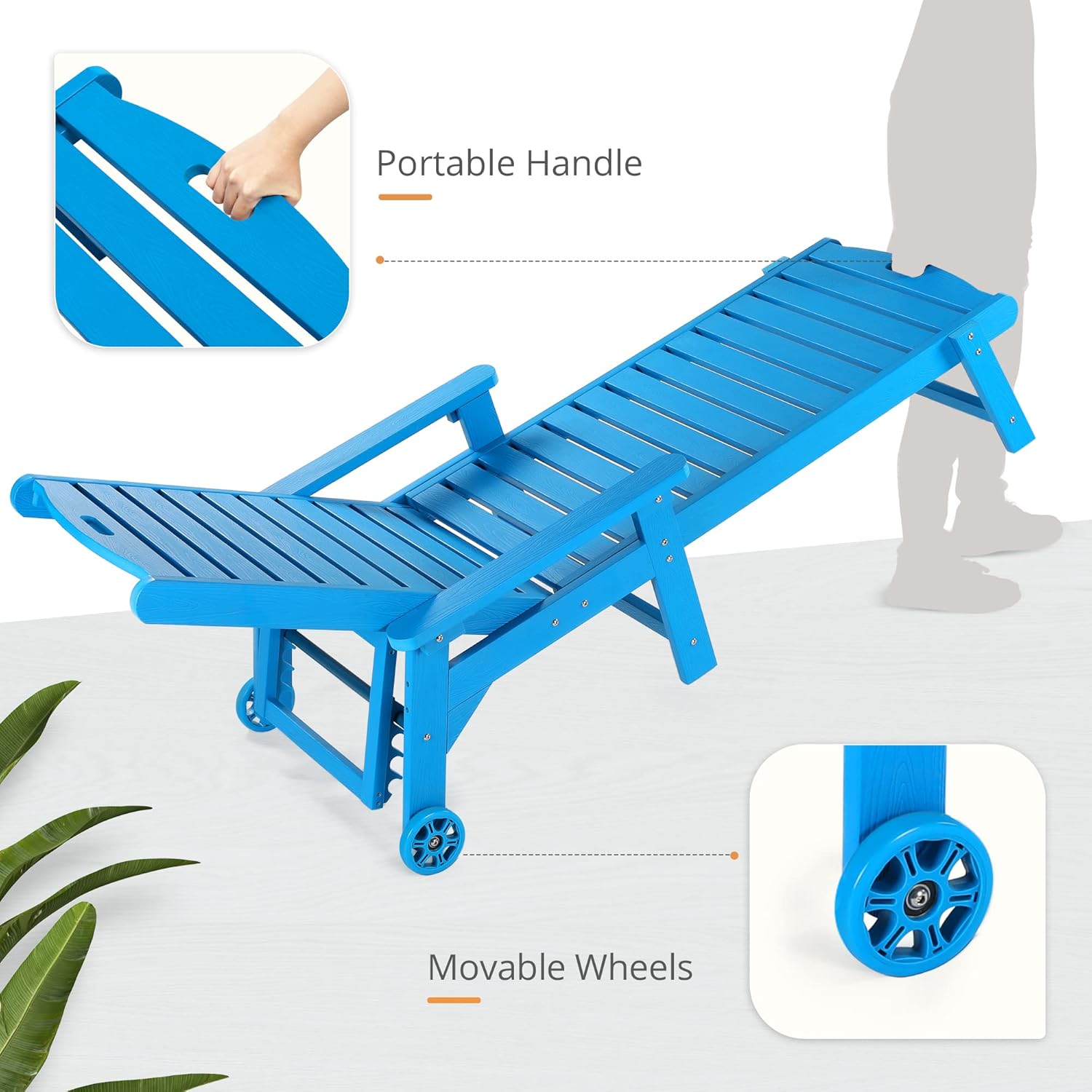 LUE BONA Outdoor Chaise Lounge Chairs Set of 4, 79'' Oversized HDPS Chaise Lounger, 5 Positions Adjustable Lounge Chairs, Pool Lounge Chair with Wheels for Poolside, Backyard, 3 Year Warranty, Blue