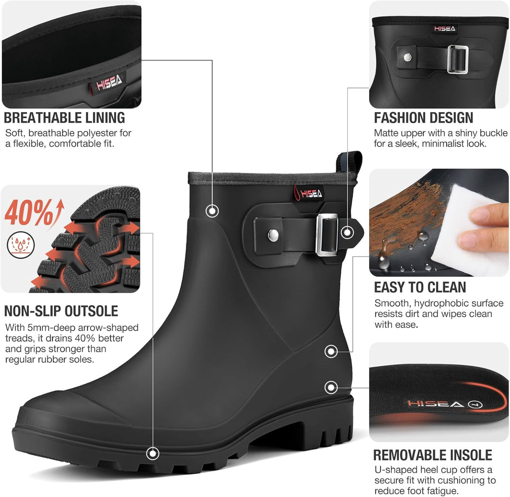 HISEA Women's Ankle Rain Boots Waterproof, Fashion Short Garden Shoes Anti-slip for Women with Comfortable Insole