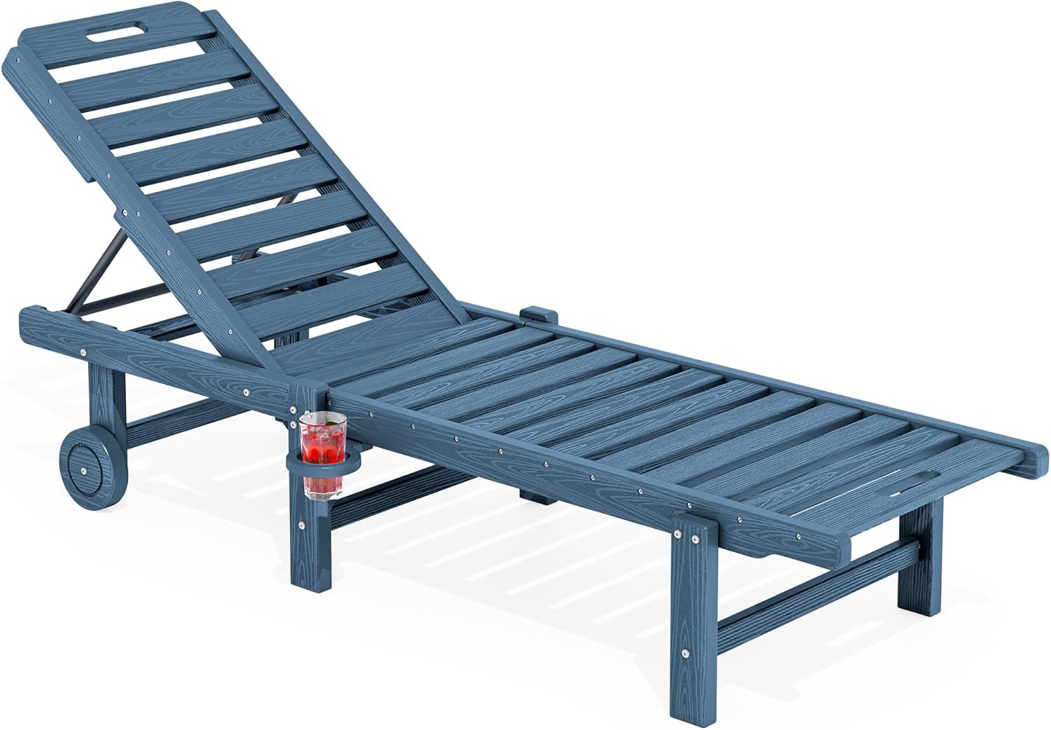 SERWALL Outdoor Chaise Lounge, 78" Length Patio Chaise Lounge Chair with 5 Positions Adjustable Backrest, HDPE Lounge Chair with Rolling Wheels & Cup Holder for Pool, Blue