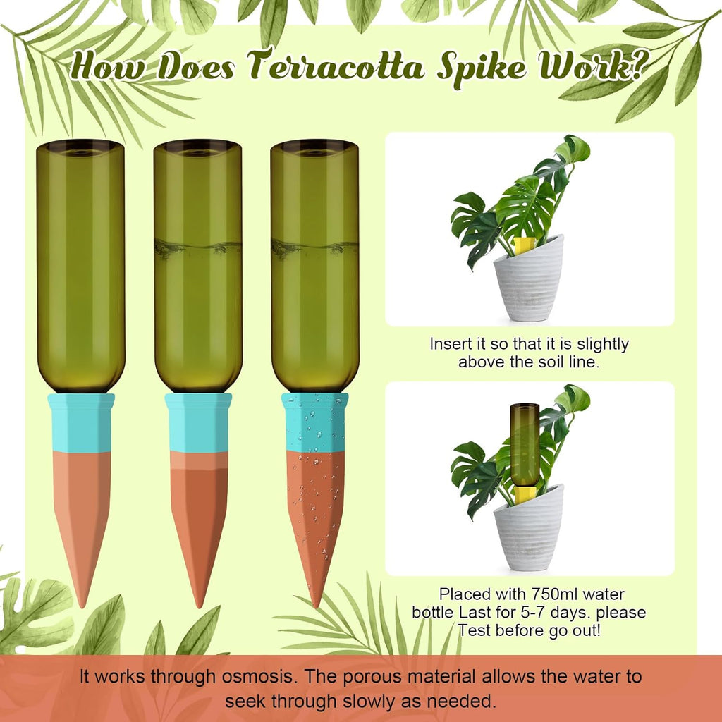 12 Set Plant Watering Devices Include Terracotta Self Watering Spikes and 26 oz Plastic Bottles, Slow Release Vacation Insert Automatic Plant Waterer Device (Green and Mixed Color)
